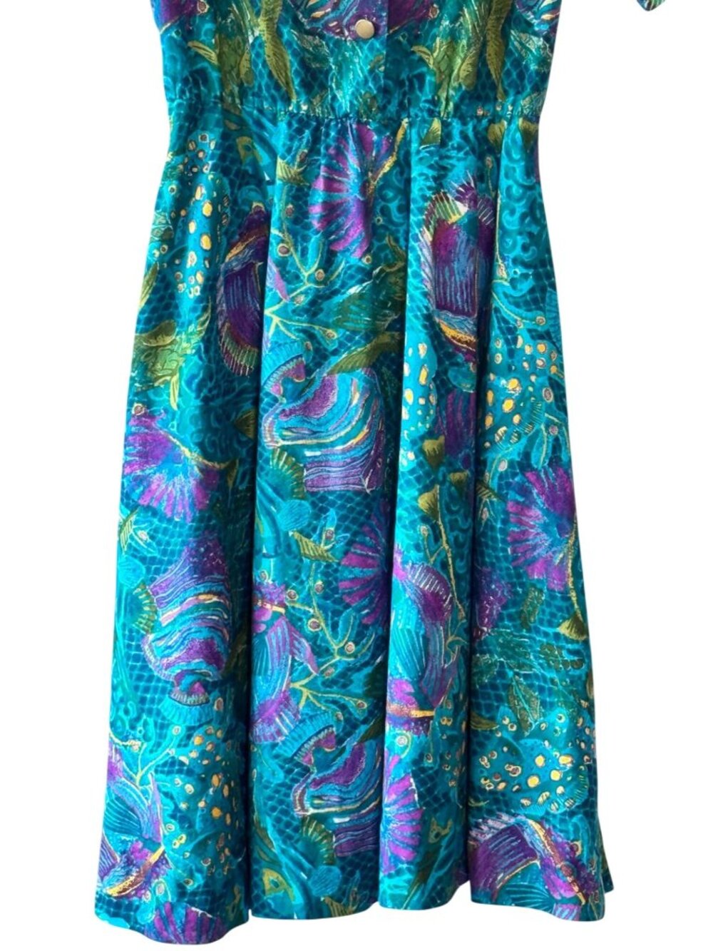Vintage 80s Melissa Teal Abstract Tropical Print Midi Dress Pockets - Large - Picture 3 of 10
